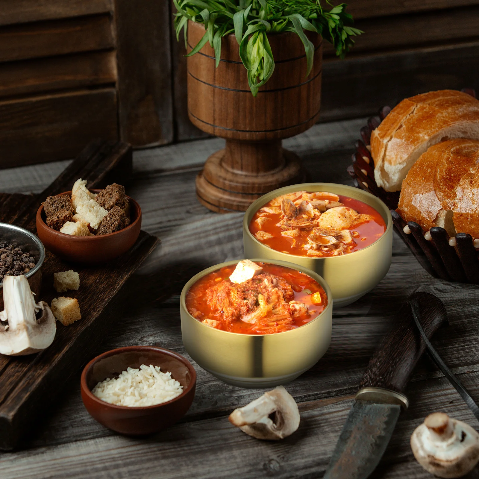 

2Pcs Korean Stainless Steel Bowl Double Wall Insulated Heat Resistant Golden Dessert Cereal Fruit Snack Serving Bowls