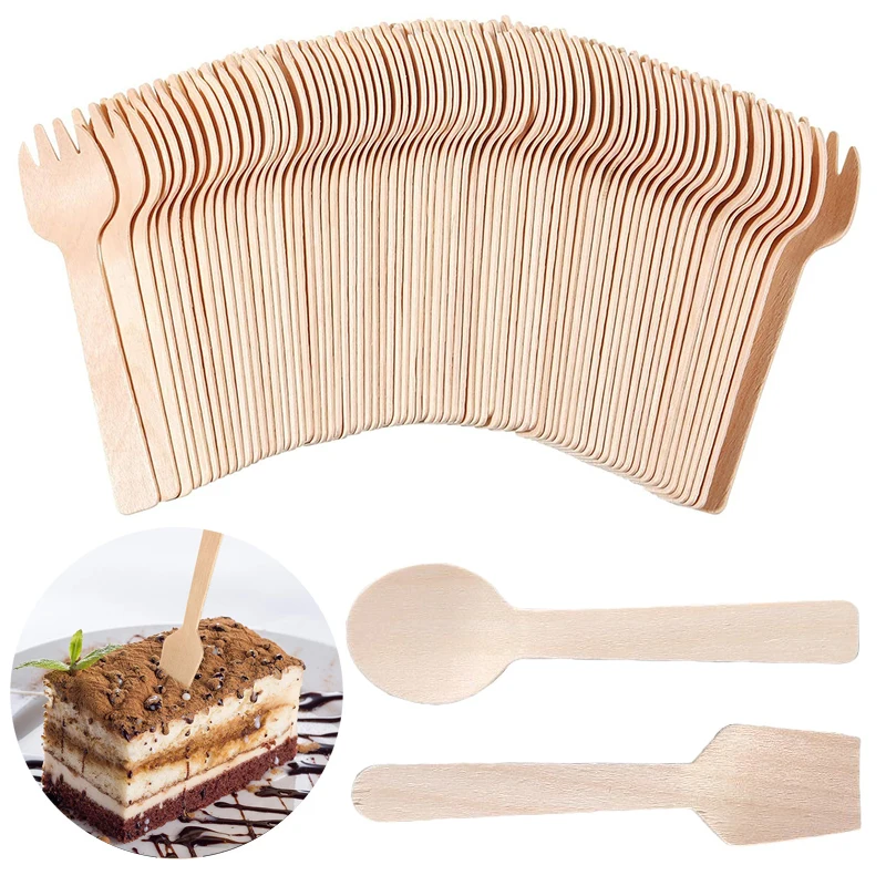 100Pcs Disposable Mini Wooden Spoon Fruit Dessert Forks Spoons Ice Cream Spoon Western Wedding Party Tableware Kitchen Accessory