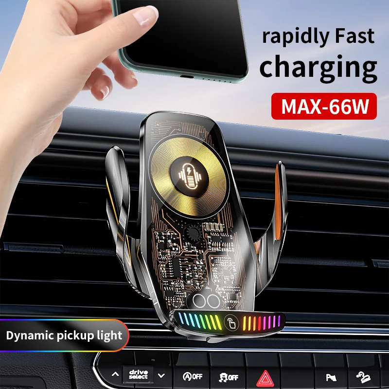 Carregador Magnético Sem Fio para Carro M9S 66W – Luz Dinâmica com Sensor de Som, Fixação Automática, Bateria Integrada, 360° °   Rot para iPhone e Android