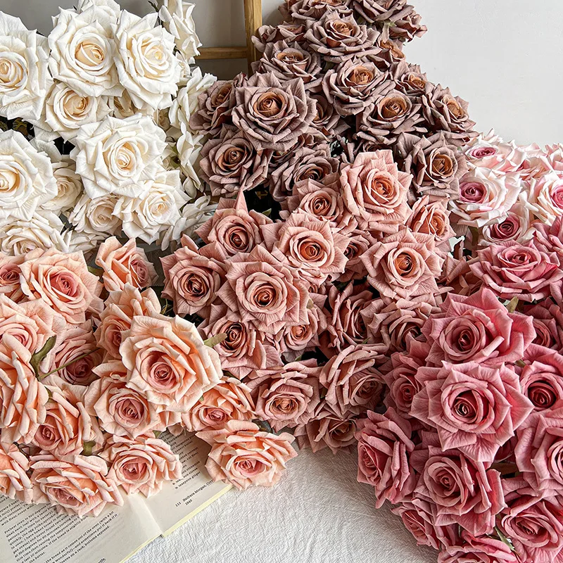 

7-Head Cappuccino Rose Bouquet Simulation Flower Vase Wedding Car Home Birthday Decoration Fake Flower Bouquet High-End Feeling