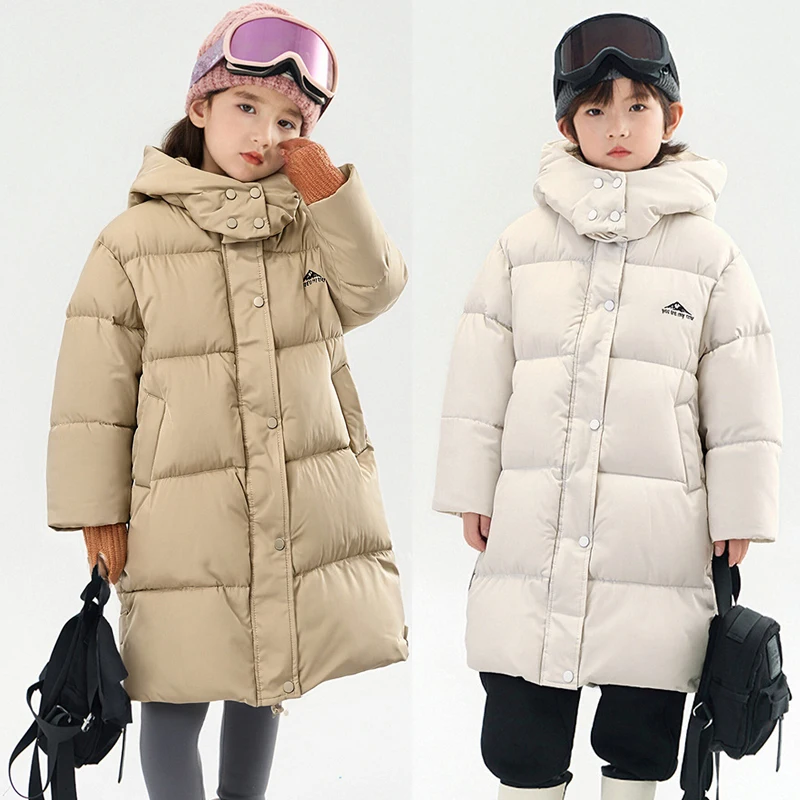 

-30 ℃ Длинная стильная куртка для девочек-подростков, новый зимний однотонный толстый теплый плащ на молнии с капюшоном для мальчиков от 6 до 14 лет, парка на хлопковом пуху