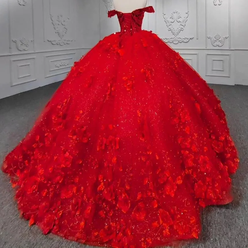 Red 3D Floral Off Shoulde xvaños Quinceanera Dresses Gillter Skirt Applique Beaded Corset Charro vestidos de 15 quinceañeras