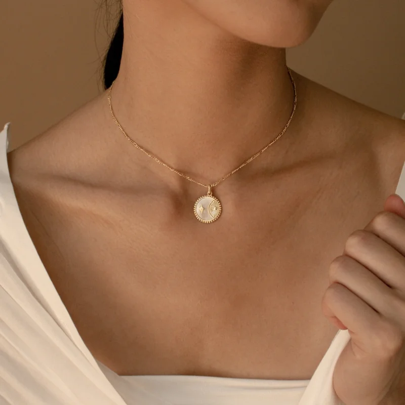 Celestial Coin Necklace with Figaro Chain Mother of Pearl Pendant Necklace, Boho Jewelry Perfect Gift for Her Girlfriend Mom Bff