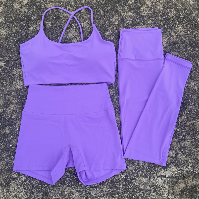 3 Piece Yoga Shorts Set Gym Sports Set Women Workout Outfit Fitness Suit Cross Straps Bra High Waist Shorts Leggings Tracksuit