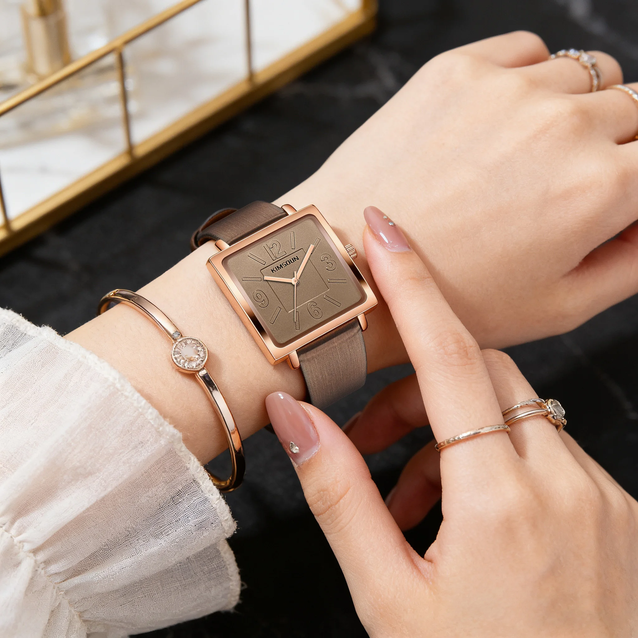 KIMSOUN Women Square Quartz Wristwatch Rose Gold Case Black Genuine Leather Strap Analog Watch Minimalist Casual Dress Waterproo view 3