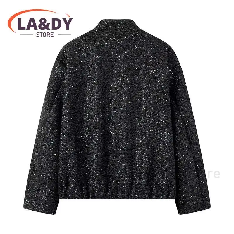 2024 Women Fashion Loose Versatile Single-Breasted Stand Collar Sequined Jacket Coat Female Casual Long Sleeve Pocket Outerwear