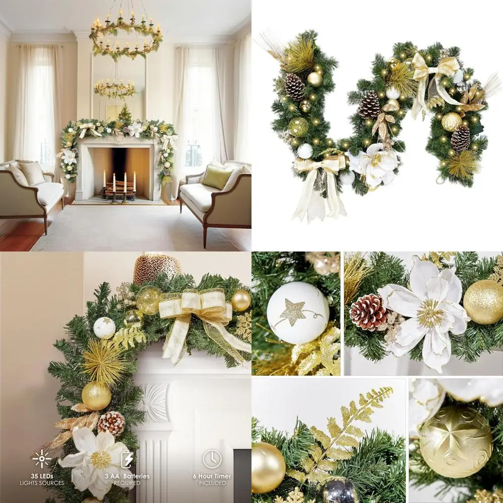 

Battery-Powered 72 White & Gold LED Christmas Garland with 35 Lights for Indoor/Outdoor Holiday Decor