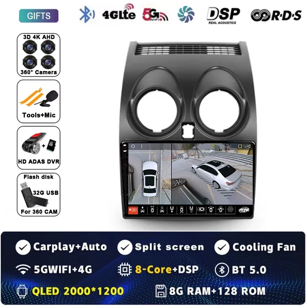Android 16 autoradio GPS navigatie QLED Carplay Auto multimediasysteem speler BT voor Nissan Qashqai 1 J10 2006 - 2013
