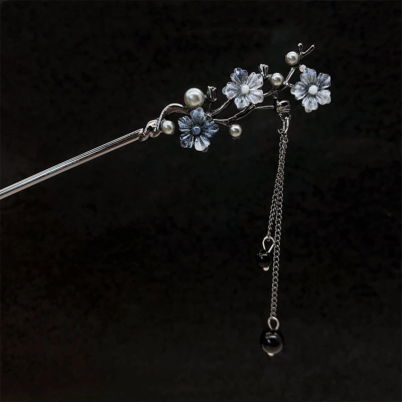 Classic Hair Stick Chopsticks Ink Color Flower Metal Fringe Hairpin For Women Pearl Black Beads Cheongsam Hair Bun Jewelry Gifts view 5