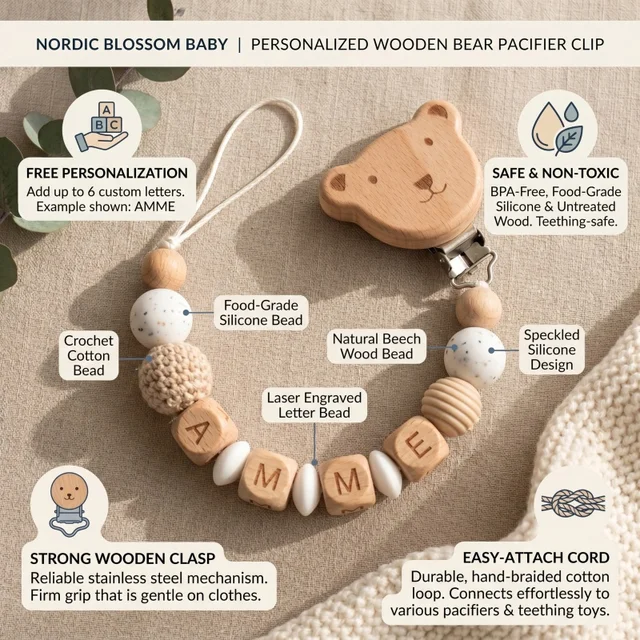 Personalized Pacifier Clip Custom Name Silicone Wooden Beads Baby Teether Chain Soother Holder BPA Free Newborn Baby Shower Gift 6