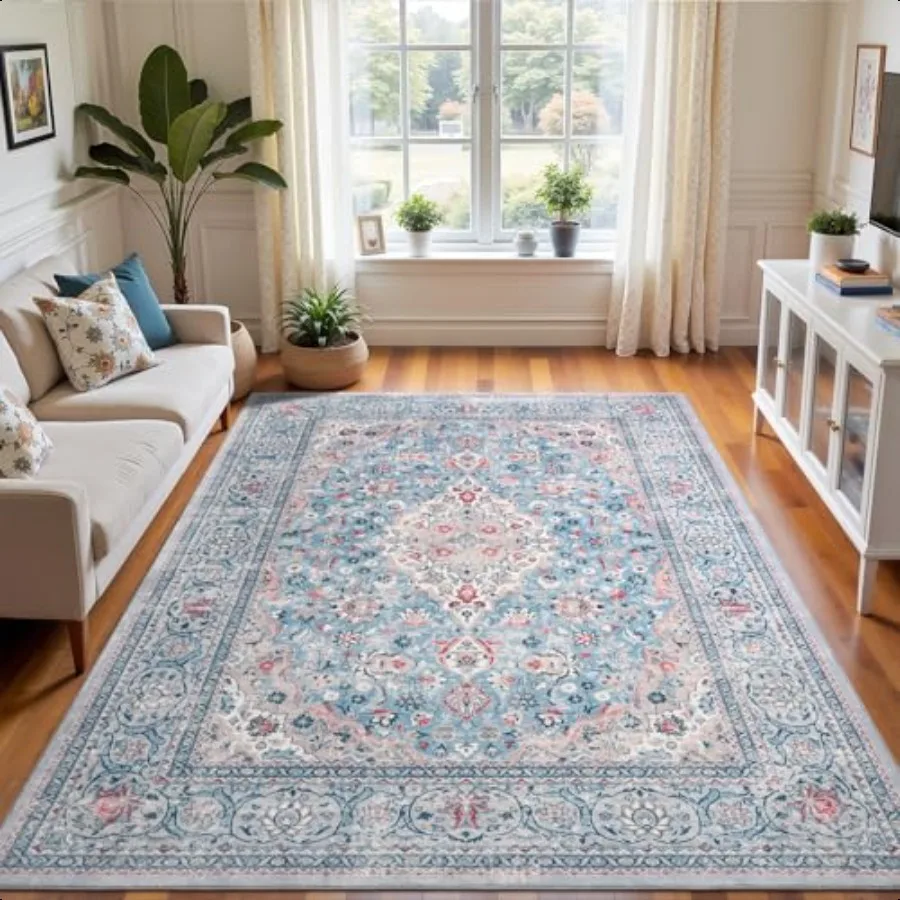 

4x6 Blue Washable Boho Area Rug for Bedroom Floral Non Slip Living Room Rugs Soft Low Pile Indoor Mat Aesthetic Pattern Carpet
