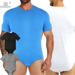 Erkek Kısa Kollu Bodysuit Basın Düğmesi Kasık Shapewear Pijama Ekip Boyun Leotard Fanila Günlük Sıska Nefes Tulum