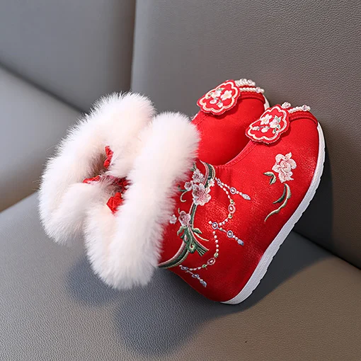 New Girls' New Year Hanfu Embroidered Shoes Winter Velvet Children's Performance Shoes Cotton Boots Chinese Style Cotton Shoes