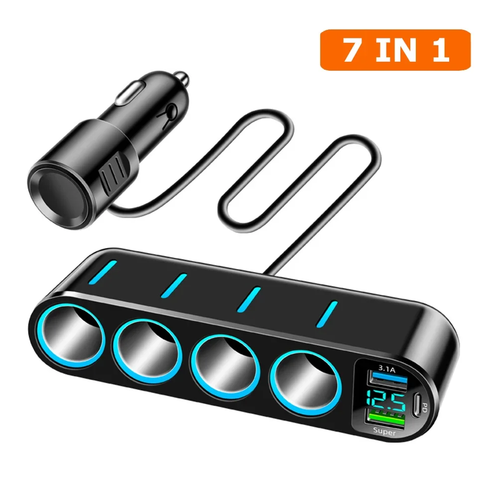 7 in 1 Car Fast Charger Adapter Charge 12-24V Four Cigarette Lighter Dual USB PD 66W Socket Cigarette Lighter Splitter Universal