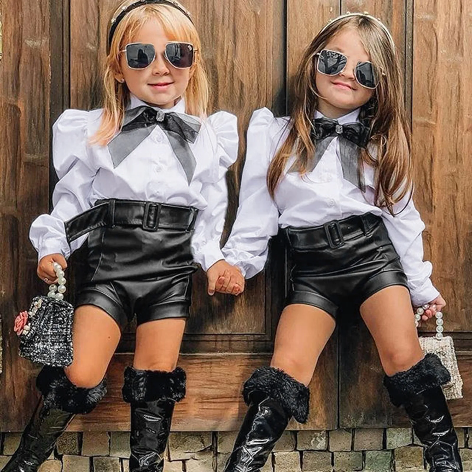 

Baby Girls Fashion Outfits Toddler Kids Long Sleeve Bow Button Down T Shirt Tops PU Leather Shorts With Belt 2Pcs Set 1-5 Years