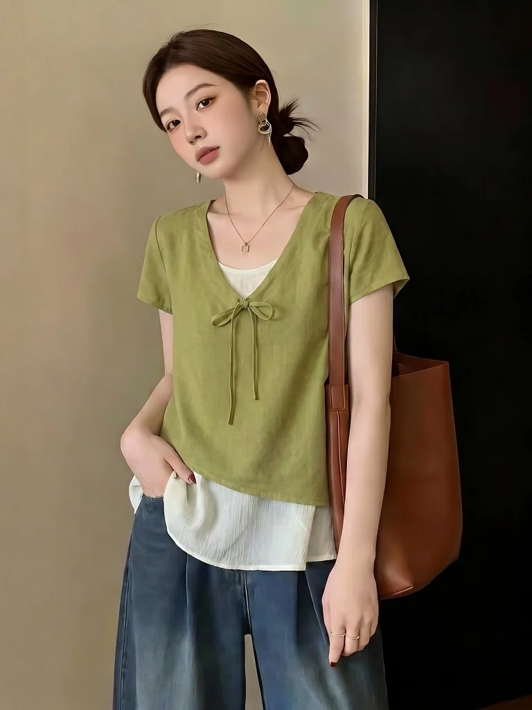 

Green Short Sleeve Shirt Women's plus Size Summer New Style Korean Version Loose Fit Commute Style Forest System Slimming Top