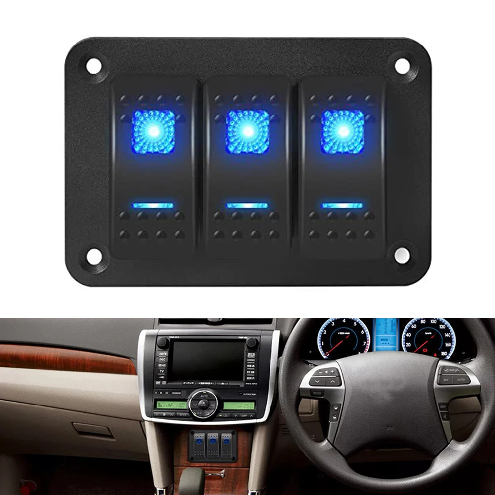 Marine Switch Panel Waterproof 12V 3 Gang Rocker Switch Panel Blue LED Light Pre-Wired For Easy Installation