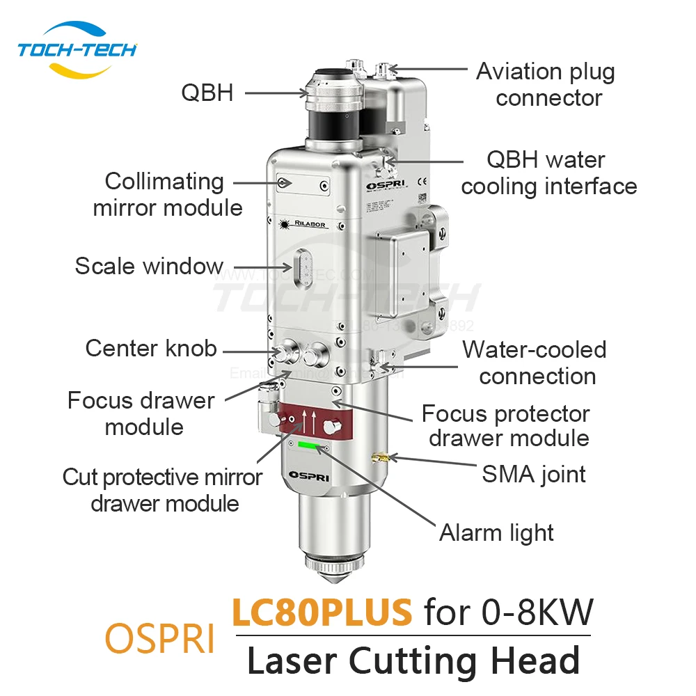 F125/150/200mm Focusing Laser Cutting Head 0-8kw QBH OSPRI LC80PLUS Fiber Laser Cutting Head for Laser Cutting Machine