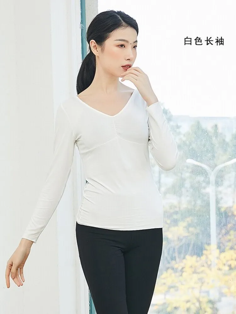 Solid Color V Neck Drawstring Slim Fit Dance Top Women Classical Dance Performance Practice Stage Costume Elegant Training Shirt