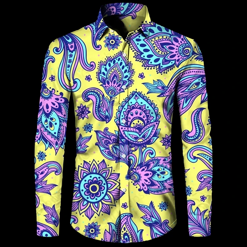 Long Sleeve Hawaiian Shirts Paisley Flower 3d Print Shirts Men Fashion Shirt Casual Beach Blouse Button Up Bluoses Men Clothing