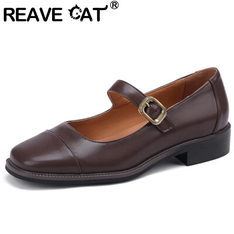 REAVE CAT 2022 Women's Shoes Flats Toe Buckle Strap Sweet 31-43 Mix-Color Black Spring S3422