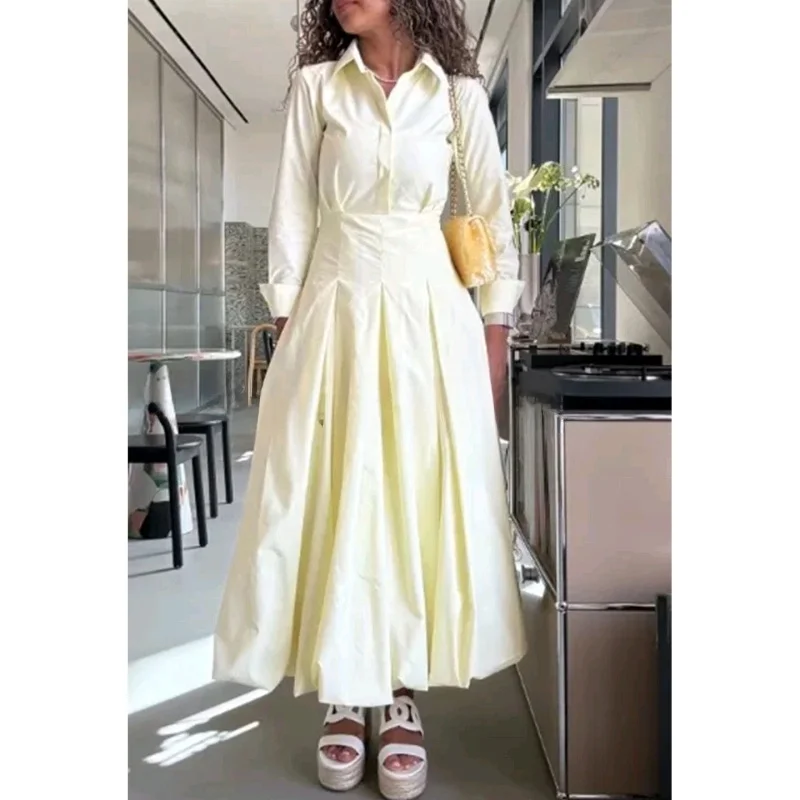 خريف جديد Sle المرأة لون نقي irt Sle ميدي الدكتور مع الطيات الخصر في وطويلة Sve بدوره إلى أسفل طوق الدكتور