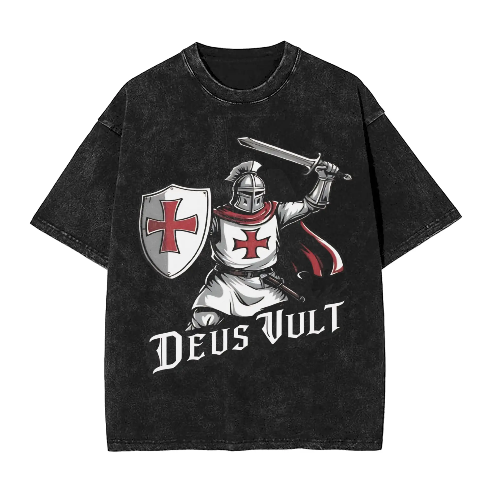 Harajuku Washed Shirt Deus Vult - The Templar Knight Apparel Novelty T-Shirts Oversize  Streetwear 100% Cotton Summer Tee Shirt