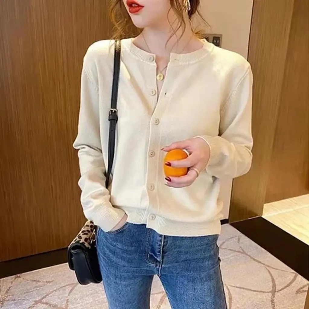 

Женский вязаный кардиган из пряжи, летний тонкий топ с длинными рукавами и круглым вырезом, короткая свободная верхняя куртка на весну и осень