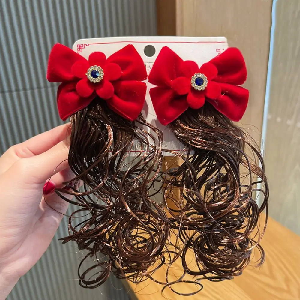 2pcs Baby Wig Hairpin Cute Kids Headwear Children\'s Bow Wig Fluffy Curly Red Bowknot Hairclip New Year Festivel