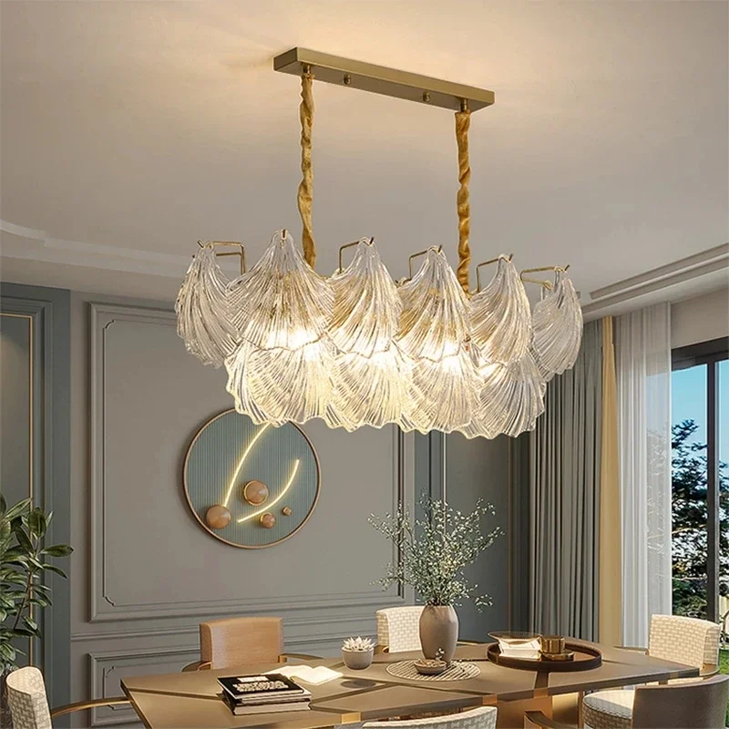 

Modern Shell Crystal Glass Chandelier Lamp Retro Wrought Iron Pendant Light for Dining Living Bedroom Decor Lighting Fixture