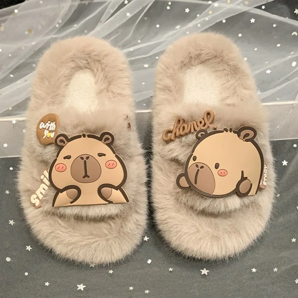 Creative Children Warm Capybara Slippers Animal Rubber sole Capibara Plush Slippers Kawaii Fluffy Winter Home Shoes Girls