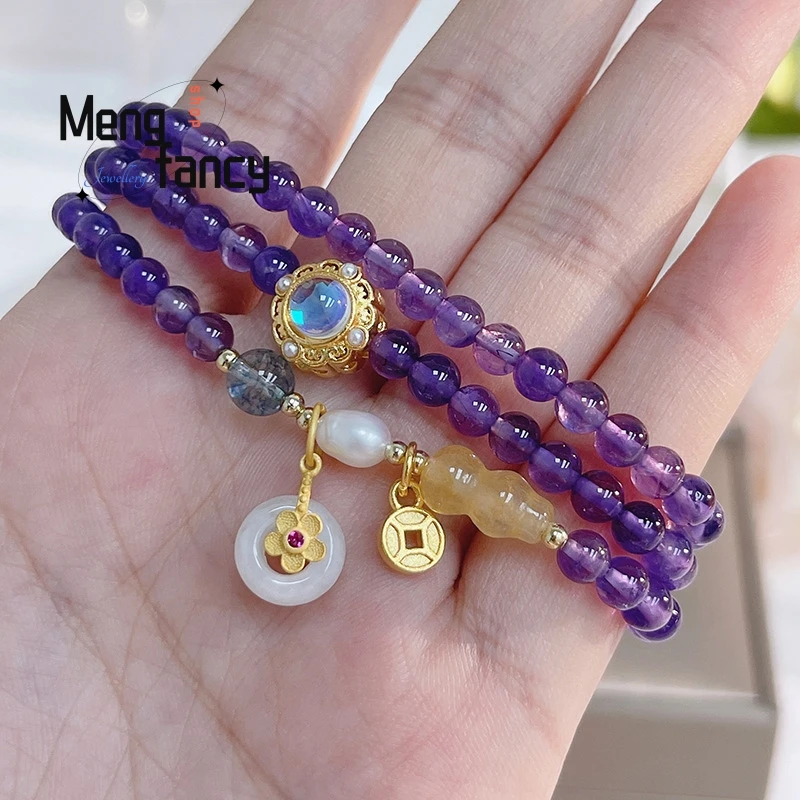 Natural Three Circle Amethyst Peace Button Small Flower Vintage String Bracelet Exquisite Elegant Sexy Young Girls Holiday Gifts