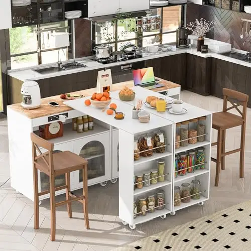 Extended Island Cart with Side Shelves and Glass Door | Mobile Kitchen Island with LED Lights and Four Wheels for