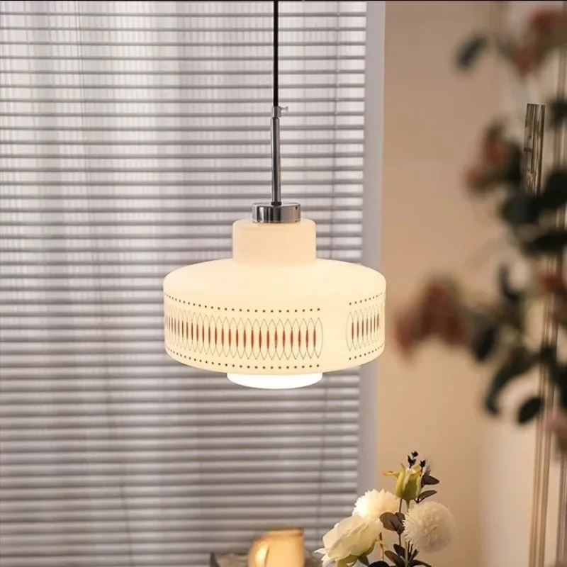 Denmark White Rotundity Printing Glass LED Ceiling Pendant Lights Living Room Bedroom Restaurant Kitchen Long Line Hanging Lamps