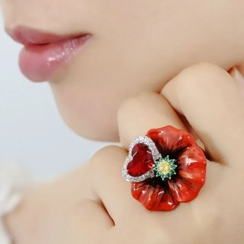 Luxury Red Flower Blossom Plant Ring Big Zirconium Heart Rings Rings Ladies Women Wedding Poppy Flower with Heart Jewelry