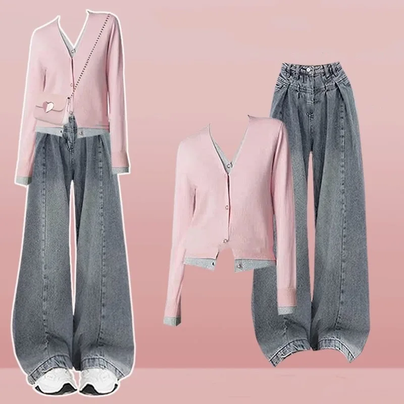 2025 ฤดูใบไม้ผลิฤดูใบไม้ร่วงผู้หญิงสง่างามสีชมพู Patchwork เสื้อกันหนาวกางเกงขากว้าง 2 ชิ้นชุดเลดี้แฟชั่น V คอถักกางเกงชุด