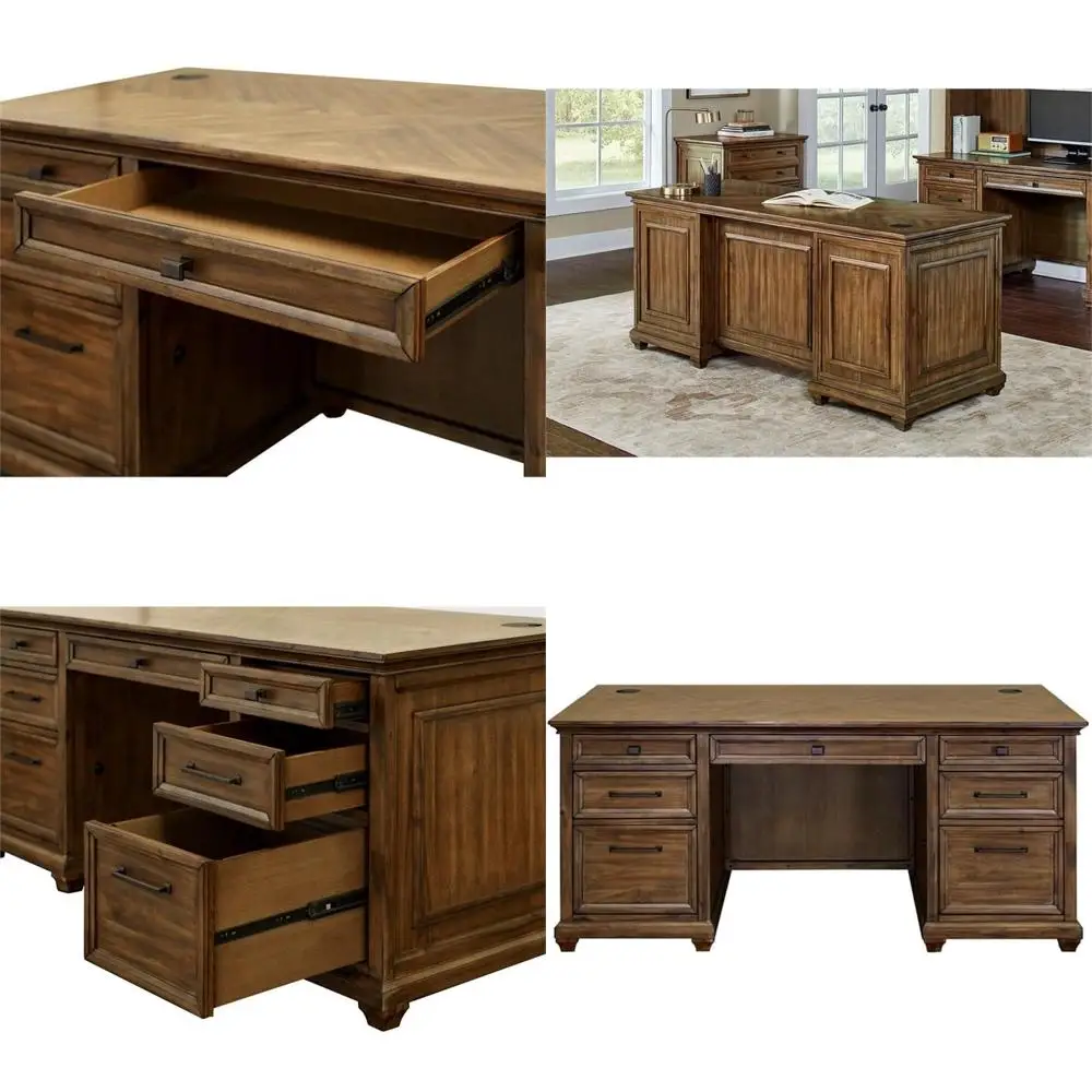 

Solid Wood Double Pedestal Desk, Traditional Executive Writing Table, Fully Assembled, Brown