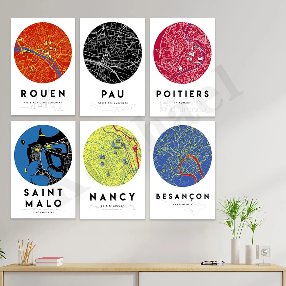 Besançon Nancy Saint Malo Poitiers Pau Rouen. City Map. Home Wall Decor Art Poster