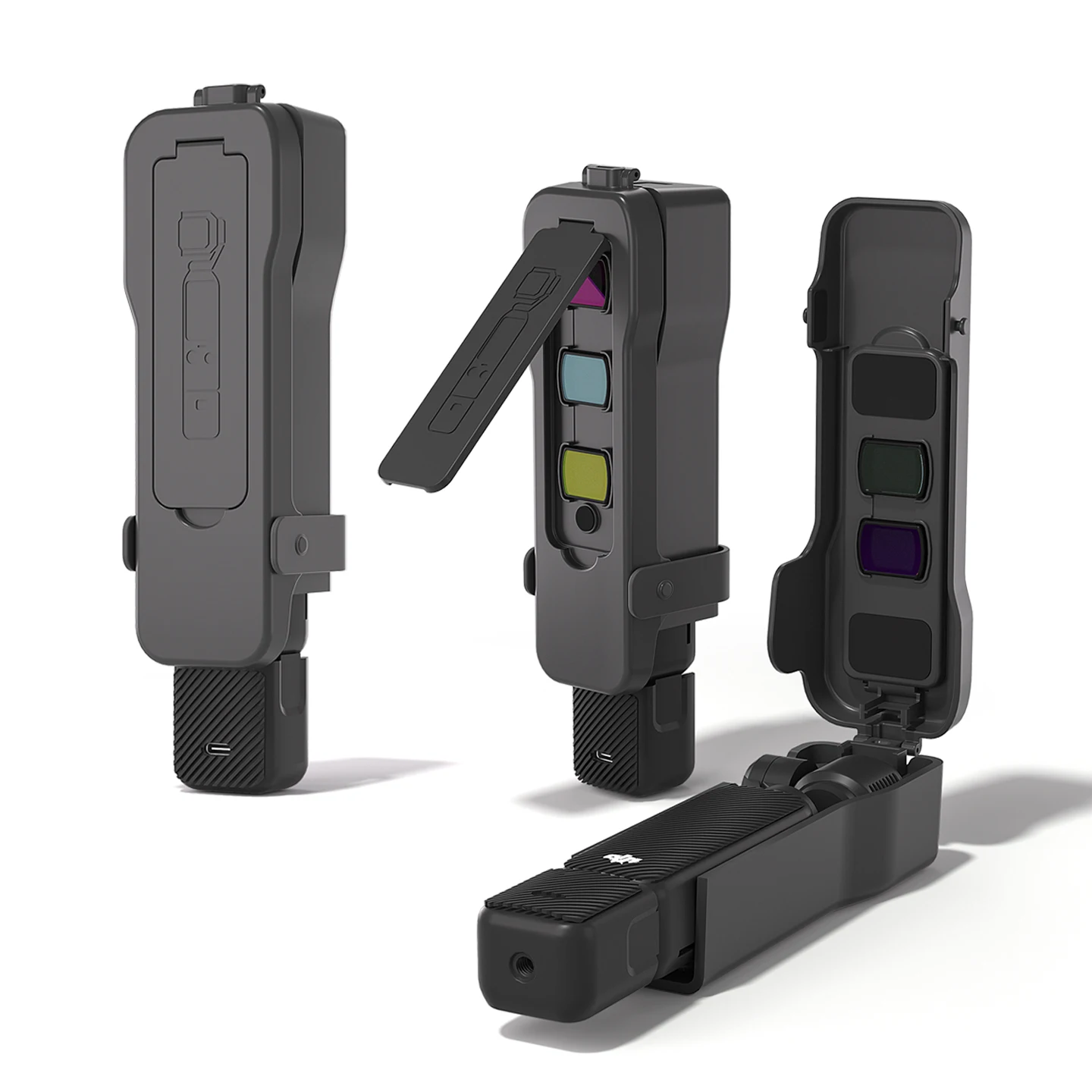 Ochronna obudowa z klapką do DJI OSMO Pocket 3, plastikowa obudowa z odchylanym designem, wbudowane 5 przegródek na filtry, odporna na zarysowania osłona z paskami.