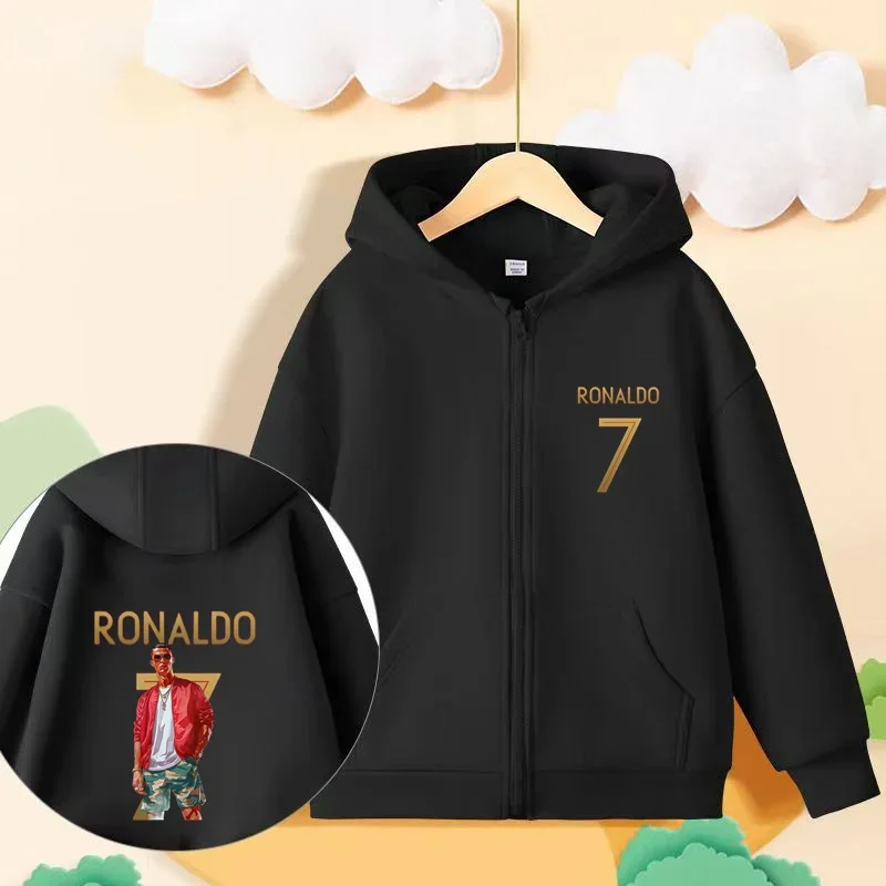 Football star Ronaldo, children\'s hoodie, zip up shirt, casual and fashionable style for boys and girls aged 3-14