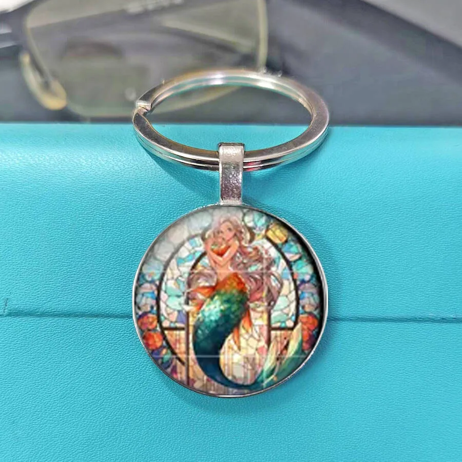 Fantasy Stained Glass Mermaid Round Time Gem Metal Keychain Stylish Car Key Backpack Handbag Charm Lovely Gift