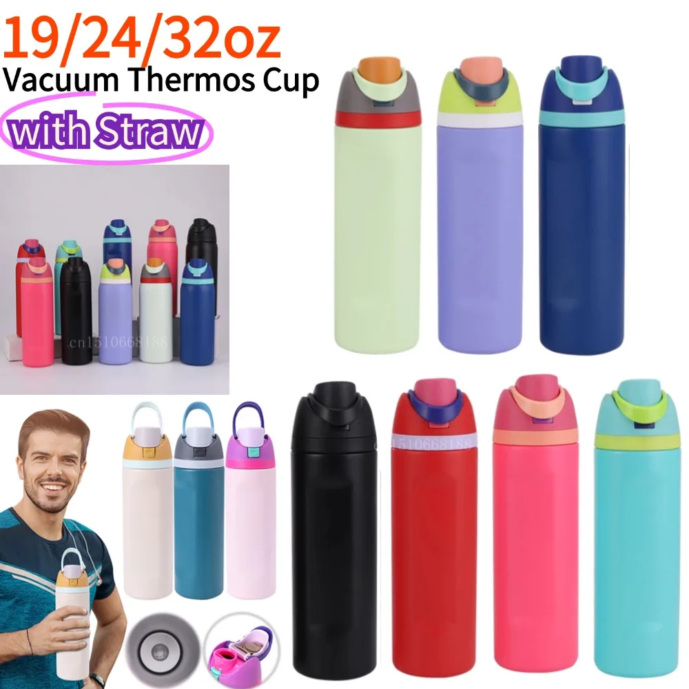 Thermos Cup 24oz 32oz Insulated Cup Stainless Steel Space Kettle Water Bottle with Straw Vacuum Flasks for Car Outdoor Sport