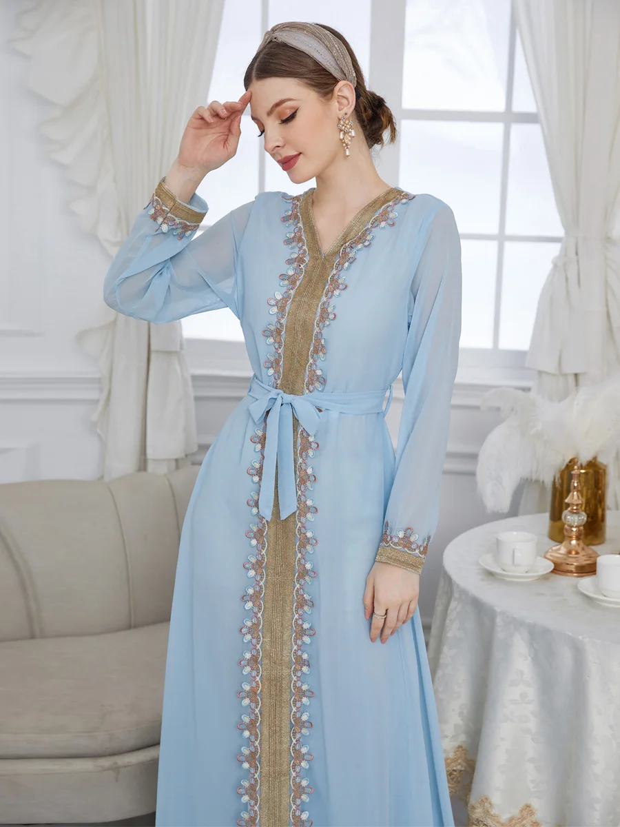 Chiffon Morocco Dress Muslim Women Abaya Prayer Lace-up Long Sleeve Robe India Abayas Dubai Turkey Longue Vestidos Largos 2022