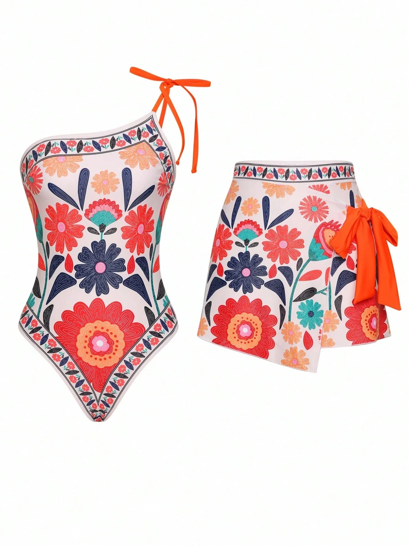 

Яркий цветочный купальник-боди и юбка-парео с оранжевым бантом для летнего пляжного отдыха