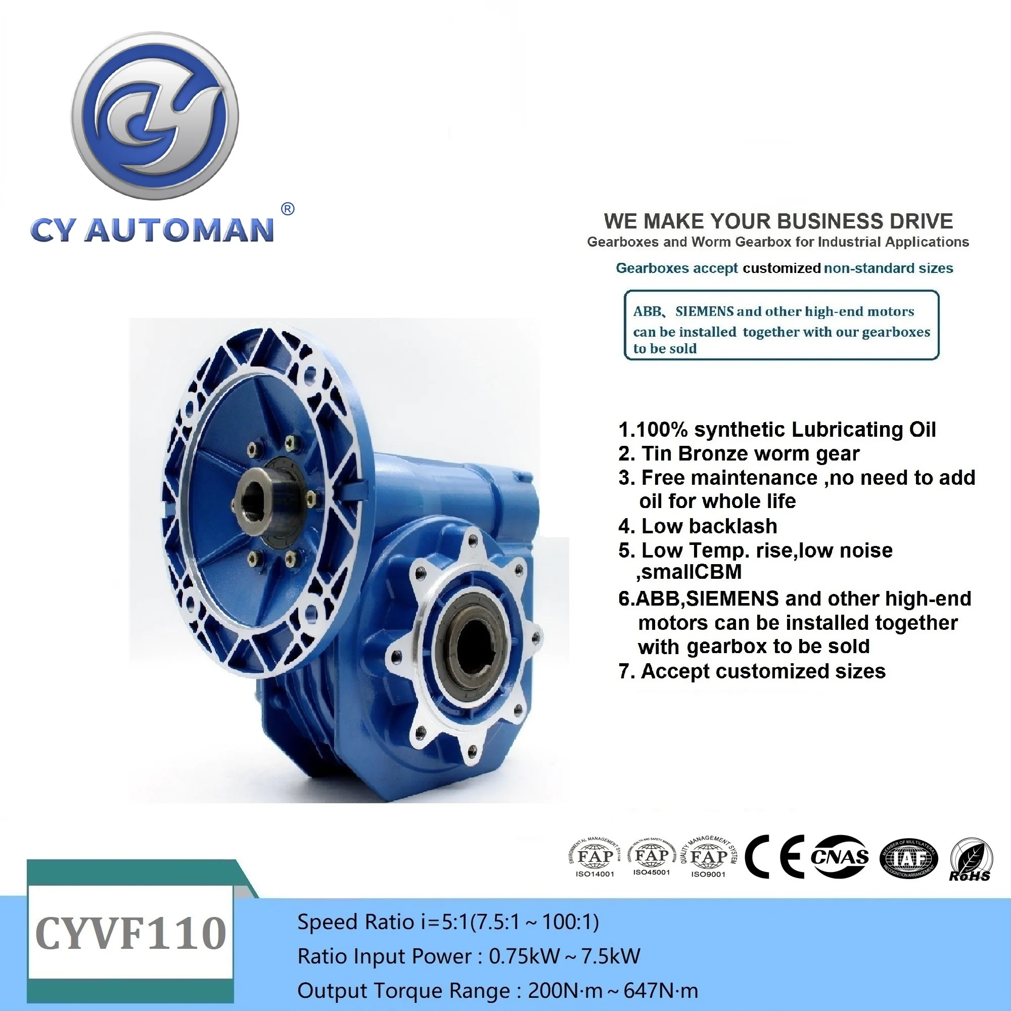 CYAutoman Worm Gearbox CYVF110 Input 19/24/28/38mm Output 42mm Ratio 5:1/100:1  Free Maintenance Gearbox Compact speed reducer