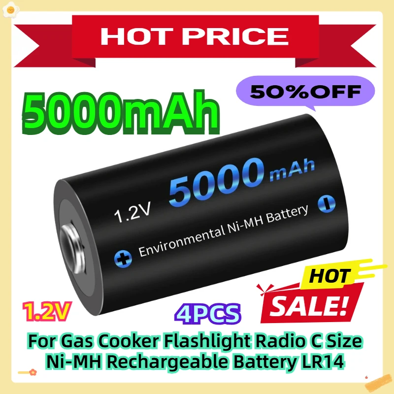 

For Gas Cooker Flashlight Radio C Size Ni-MH Rechargeable Battery LR14 1.2V 5000mAh 4pcs