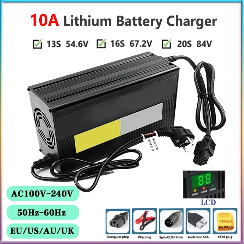 10a 48v 60v 72v סוללה ליתיום מטען עבור 13s 16s 20s 54.6v 67.2v 84 l-ion סוללה מהירה מטען lcd