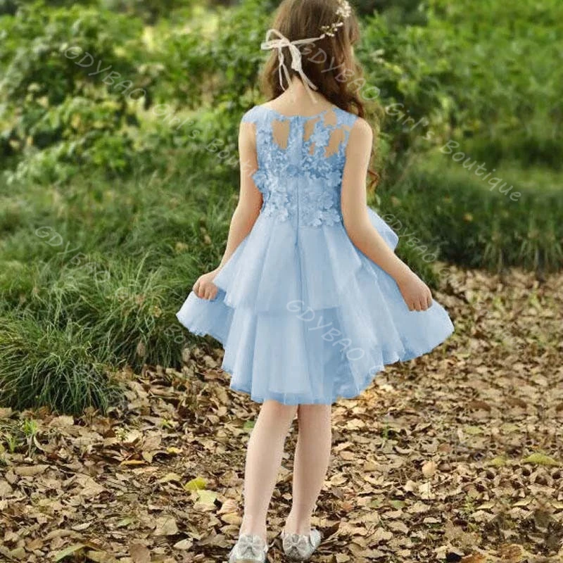 Vestido de renda com apliques para meninas, vestido para casamento, crianças, gola redonda, comprimento do joelho, tule em camadas, princesa, aniversário, vestidos personalizados
