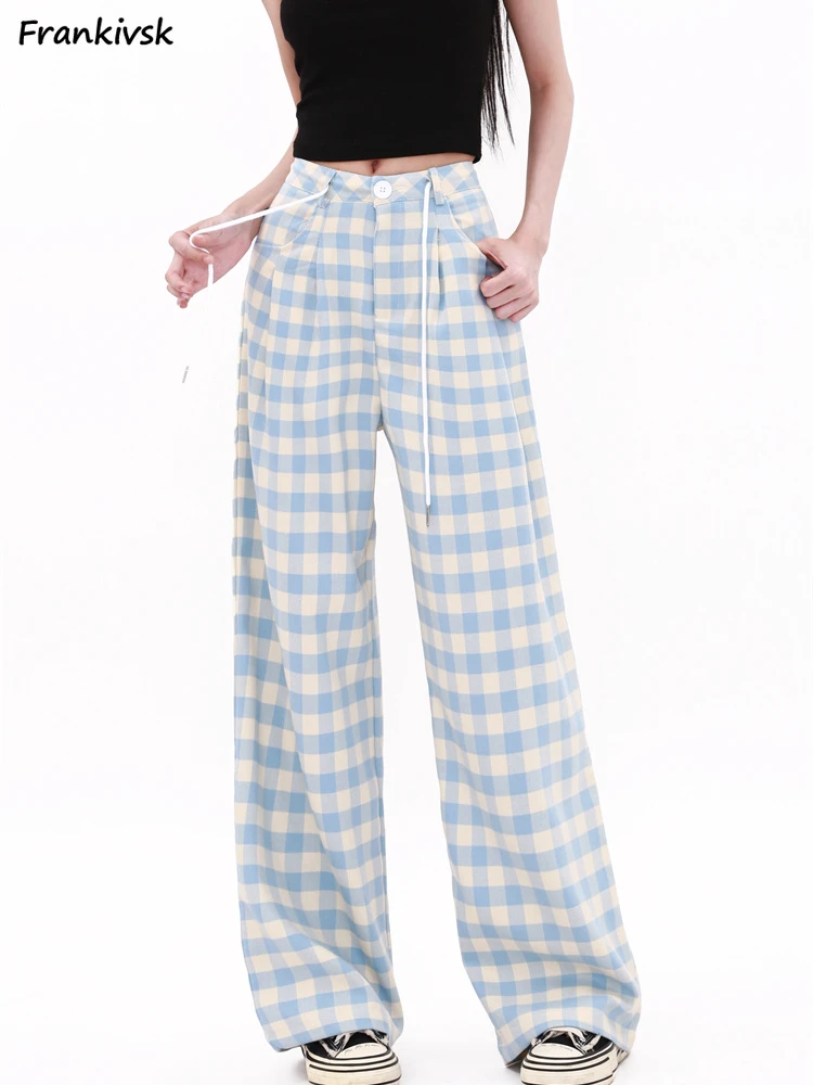 Pants Women Spring Holiday Korean Style Youthful Plaid Drawstring Fashion All-match Full Length Cozy Streetwear Chic Schoolgirls