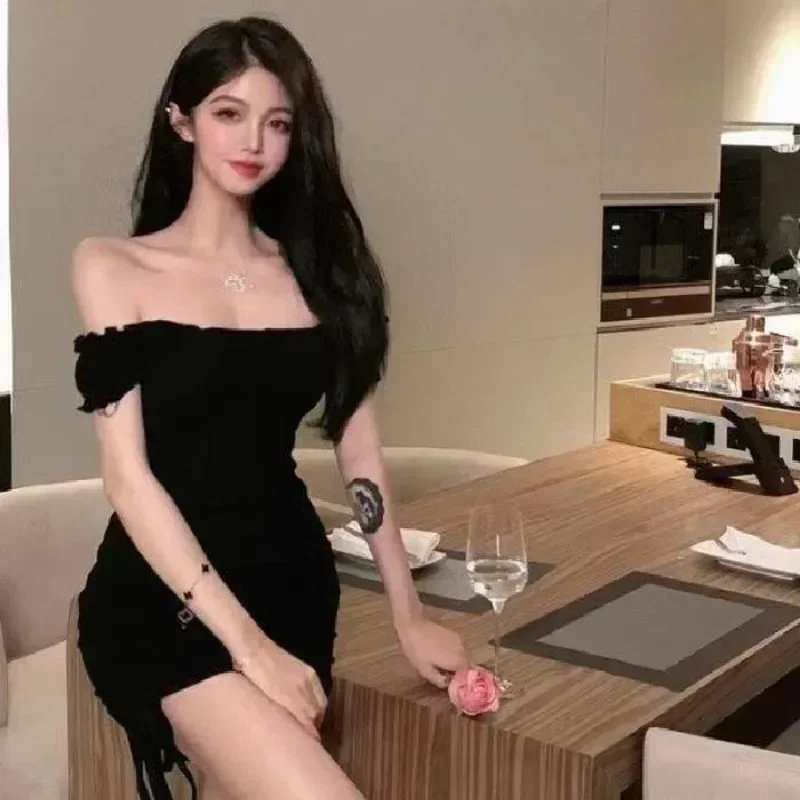 

Women Summer Solid Slash Neck Dress Sexy Puff Short Sleeve Vestidos Y2k Korean Elegant Drawstring Bodycon Party Dresses Платье